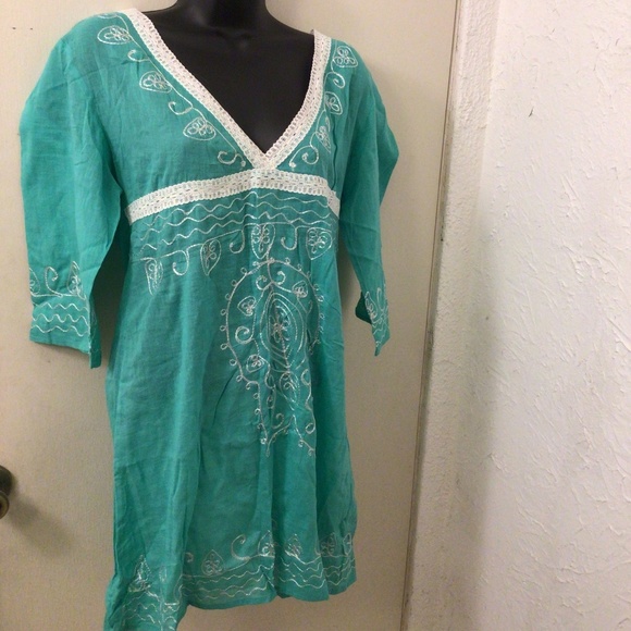 NWOT Green/White Embroidery Dress / Beach Cover Made in India Just Be Gauze M - Picture 1 of 8